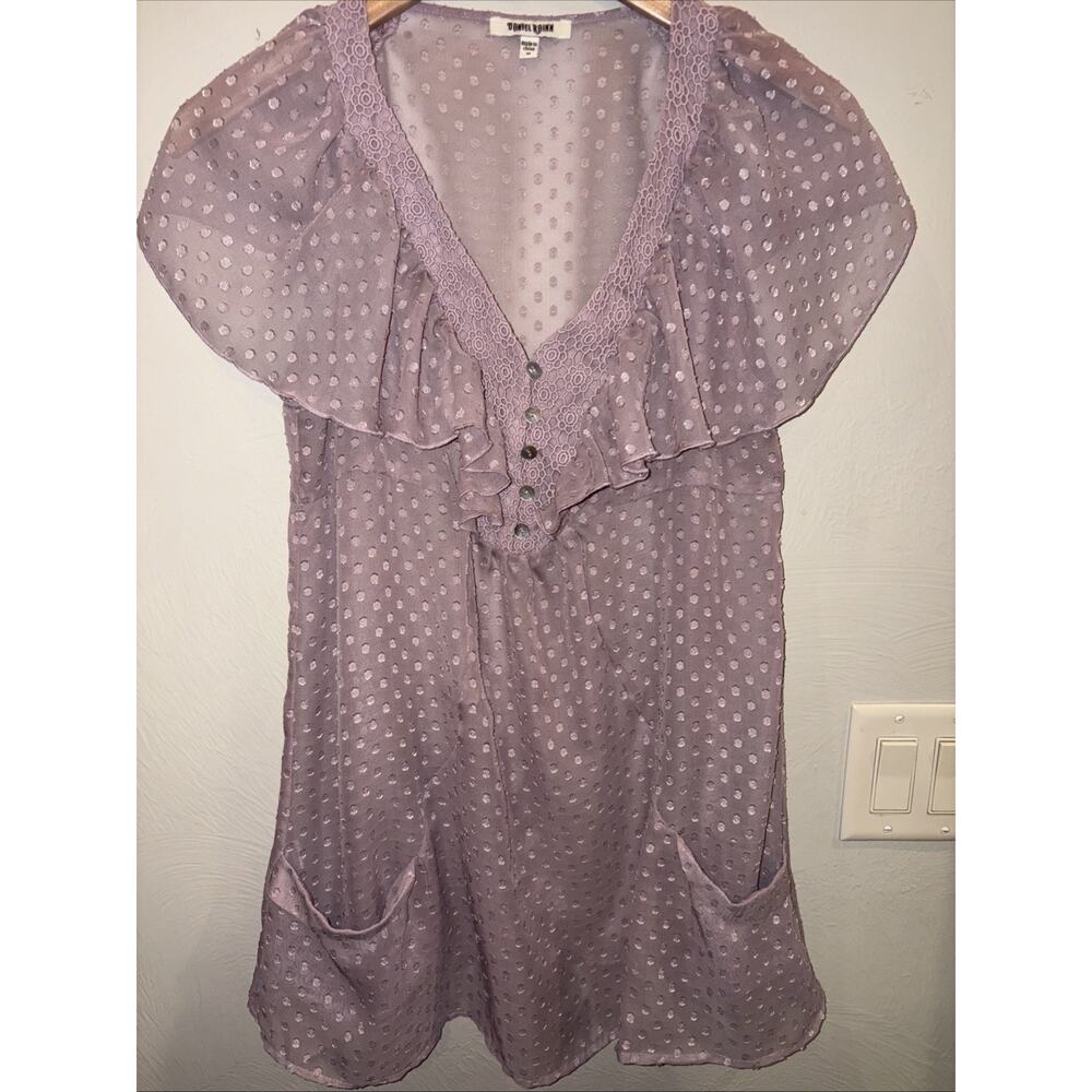 DANIEL RAINN BABY DOLL FLUTTER SLEEVE POLKA DOT MAUVE CROCHET TUNIC W/ POCKETS M